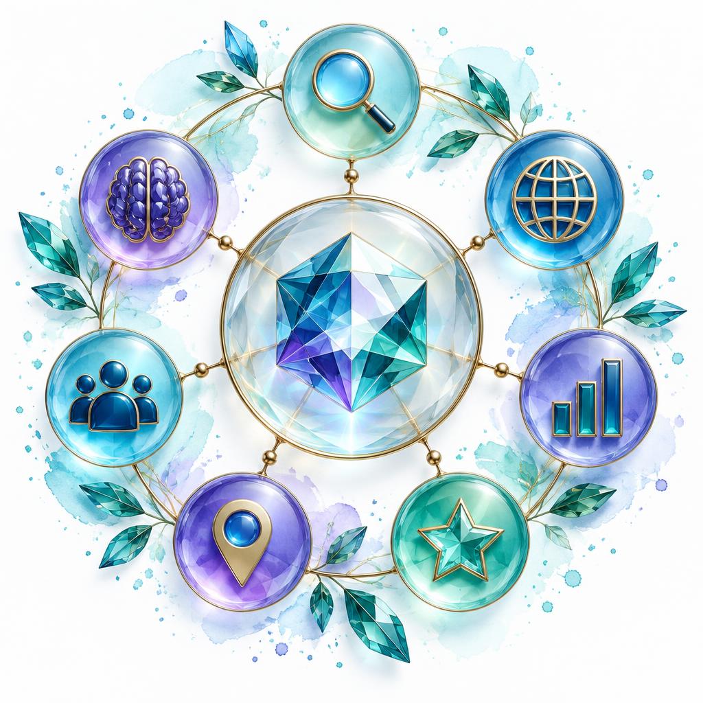Seven connected visibility symbols: Search, Website, SEO, Reviews, Listings, Socials and AI Search